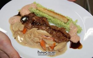 Daily special on day in may: ragout of asparagus, fried medaillons of soja, rice of wild garlic, foam of tomato at Vaust Braugaststatte in Berlin