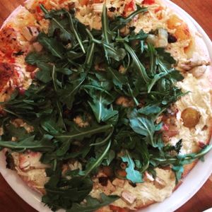 the Vegan Pizza, half Alfredo half marinara at Picazzo's Organic Italian Kitchen in Sedona