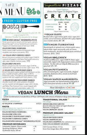 Vegan menu zoom-in at Picazzo's Organic Italian Kitchen in Sedona