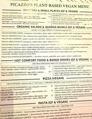 Dedicated menu  at Picazzo's Organic Italian Kitchen in Sedona