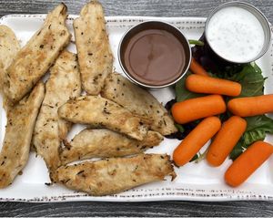 VEGAN CHICK’N BITES: carrot sticks, vegan ranch,  Spicy Thai peanut sauce.   at Picazzo's Organic Italian Kitchen in Sedona