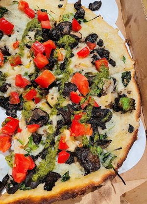 GF Vegan Funghi pizza w/ drizzled kale pesto.  at Picazzo's Organic Italian Kitchen in Sedona