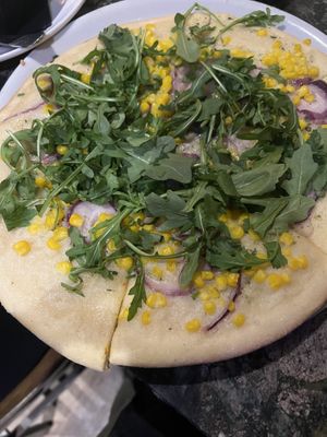 vegan elote pizza with arugula   at Picazzo's Organic Italian Kitchen in Sedona