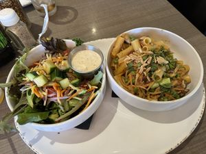 Vegan spicy Thai peanut chick’n and a salad with vegan ranch   at Picazzo's Organic Italian Kitchen in Sedona