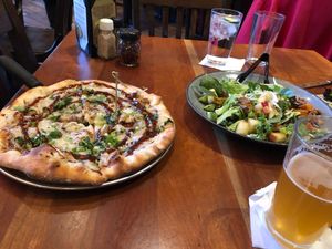 Vegan BBQ chicken pizza and salad at Picazzo's Organic Italian Kitchen in Sedona