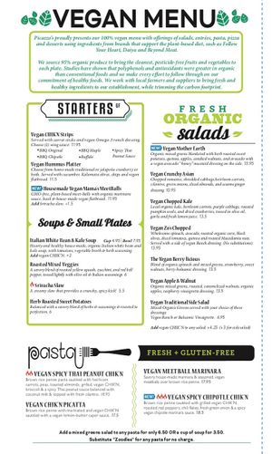 Clearly marked vegan menu at Picazzo's Organic Italian Kitchen in Sedona