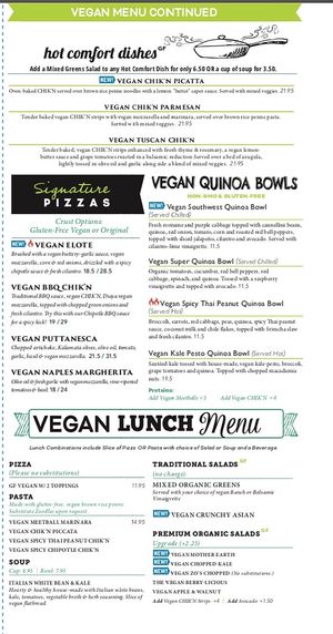 Clearly marked vegan menu at Picazzo's Organic Italian Kitchen in Sedona