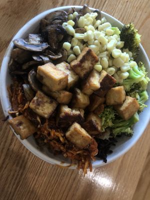 There is a bed of kale greens and forbidden rice under all of that.  at Fresh One Kitchen in Kennesaw