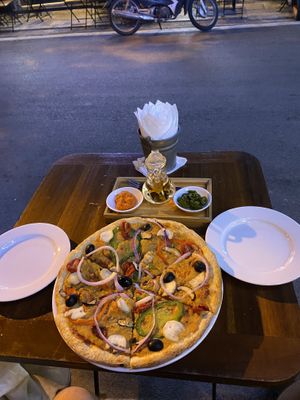 Vegan pizza as marked on the menu.   at Pizza Lovers in Hanoi