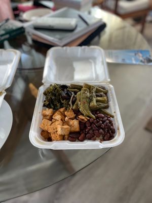 tofu, red beans, rice, okra, kale, greens, eggplant at Nagee Vegetarian and Ital Catering in St Thomas