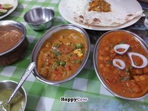 Dal on the far left with mixed veg and chana masala dishes at Lucky in Bangkok