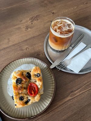 Foccacia and iced vanilla latte at Veggy Delivery in Ankara
