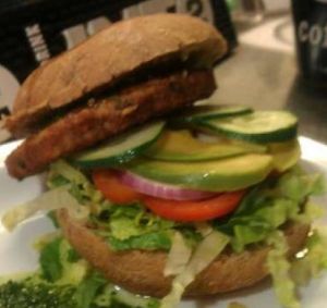 The Vegan Burger with Avocado and Cucumber and I think homemade pesto sauce.. at Ocean View Delight in Fort Lauderdale