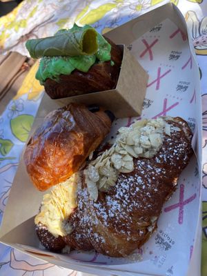 Almond croissant, chocolate croissant and pandan croissant.  at Croix Croissant in Flemington
