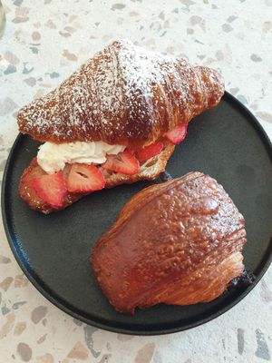 Strawberry+cream croissant $9.00: soft not flaky, bit too much strawberry jam, nowhere near as good as Maison des lys & Pain au choc: hard shell too crispy, not flaky at Croix Croissant in Flemington