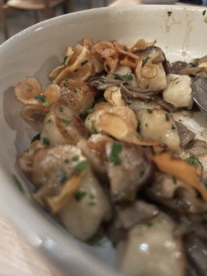 AMAZING sunchoke and mushroom homemade gnocchi (caution: sunchokes are known to cause flatulence!!!)  at Luma Riverfront Bar & Eatery in Petaluma