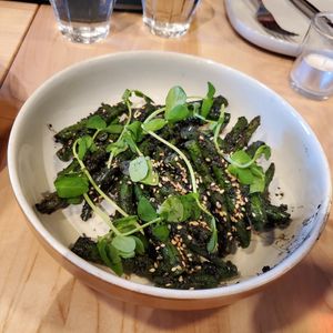 Garlic string beans rolled in sesame at Luma Riverfront Bar & Eatery in Petaluma