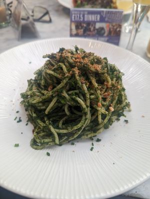 Wild garlic spaghetti at Red Roaster in Brighton
