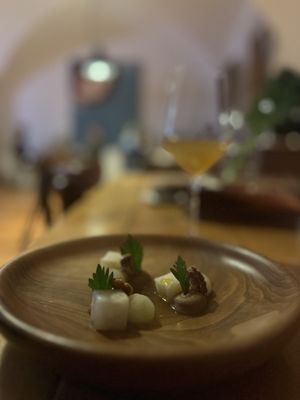 Celery in walnut oil, celery cream, marinated apple, celery juice + mint tea (spices) + spanish wine  at Galerija Okusov in Petrovce