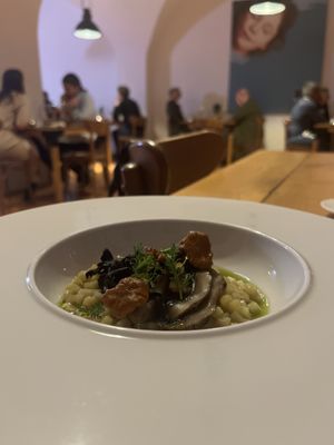 Mushroom risotto - instead of rice its potato, cut in "rice looking" way  at Galerija Okusov in Petrovce