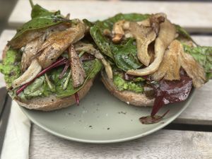 Oyster Mushroom delight with Pea Pesto  at Nutmeg + Thyme in Burford