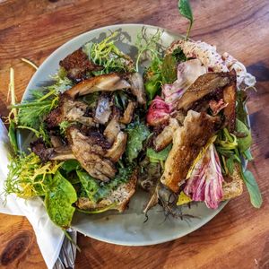 Oyster Mushroom with Pesto Sandwich at Nutmeg + Thyme in Burford