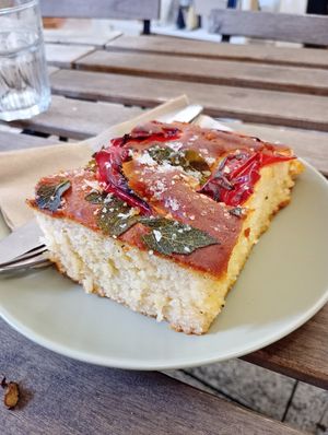 Warm from the oven, delicious focaccia at Nutmeg + Thyme in Burford
