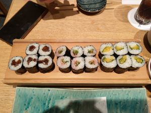 Seaweed rolled sushi with (left to right) seasoned gourd, plum/cucumber and Japanese pickle at Itamae Sushi Shimbashi in Tokyo