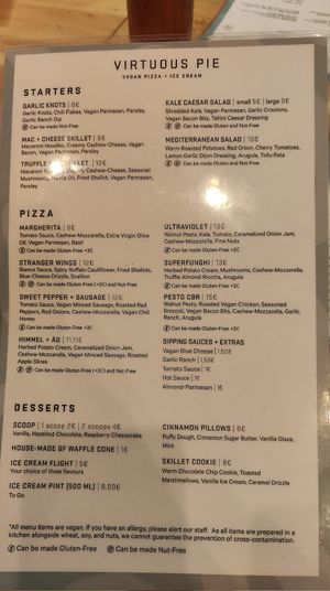 The menu at Virtuous Pie in Cologne