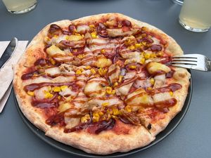 Hawaiian Sumer pizza with added corn.  at Virtuous Pie in Cologne