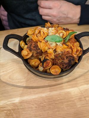 Meatball pasta at Virtuous Pie in Cologne