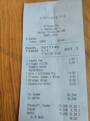 Rechnung at Virtuous Pie in Cologne