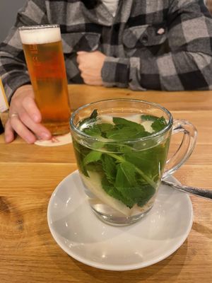 Kölsch and ginger mint tea   at Virtuous Pie in Cologne