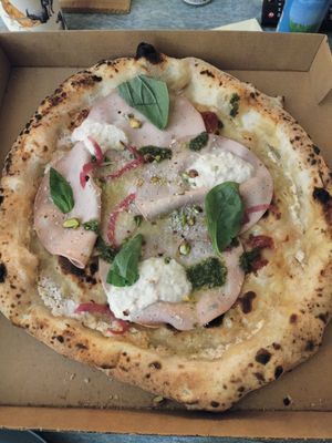 Mortadela pesto pizza at El Vato Loco in Barcelona