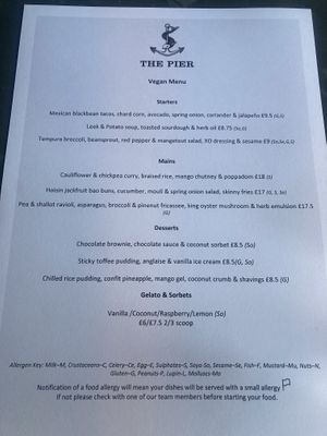 Freshly printed vegan menuu and  at The Pier in Harwich