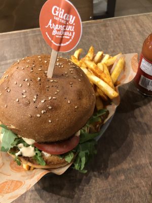 Chorizo Burger and Paprika Fries at Arancini Brothers - Dalston Junction in East London