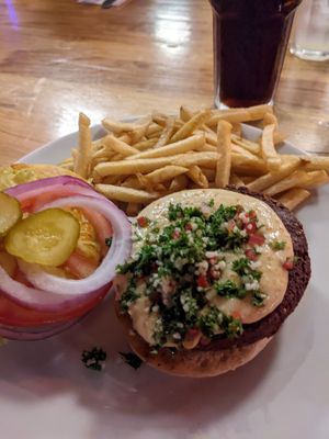 Falafel árabe burger with papas a la francesa at La Hamburgueseria in Bogota