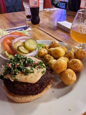 Falafel árabe burger with potatoes at La Hamburgueseria in Bogota