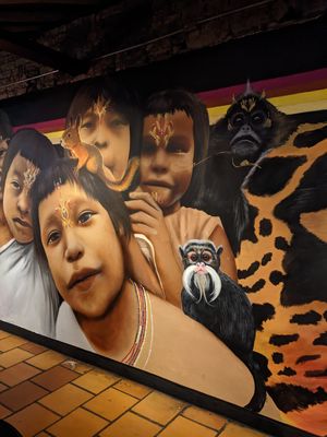 Cool graffiti everywhere inside the place at La Hamburgueseria in Bogota