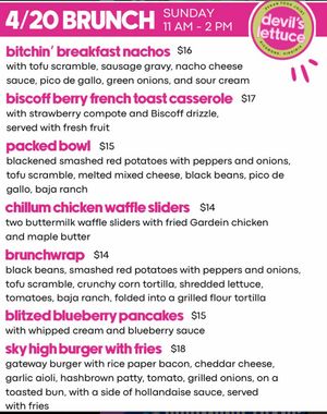 4/20 Brunch special event menu at devil's lettuce in Richmond