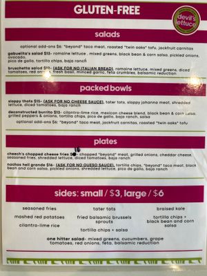 Gluten-free menu (back) at devil's lettuce in Richmond