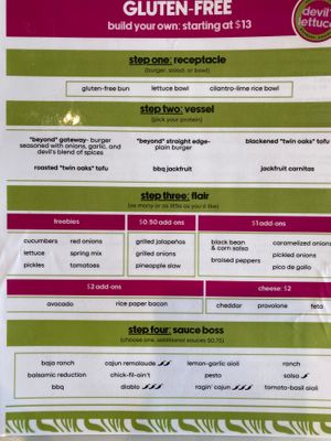 Gluten-free menu, build-your-own wrap, sandwich, or bowl (front) at devil's lettuce in Richmond