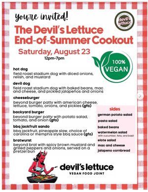 Cookout special event menu (08/23/25) at devil's lettuce in Richmond
