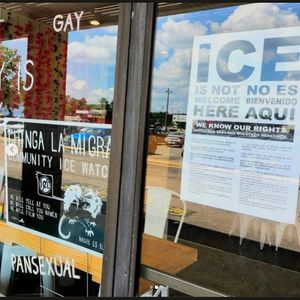 Signage, ICE not welcome, "Chinga la migra!" at devil's lettuce in Richmond