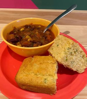 vegan chili and jalapeño cornbread at devil's lettuce in Richmond