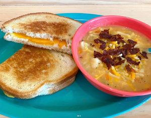 Vegan potato and corn chower with vegan grilled cheese sandwich. at devil's lettuce in Richmond