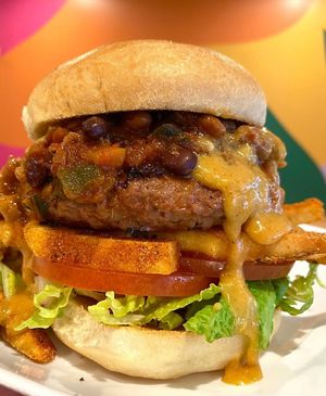 Vegan Chili Cheese Fries Burger at devil's lettuce in Richmond