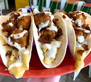 Vegan Fried Chicken, Mac and Cheese, Bacon, and Ranch Tacos at devil's lettuce in Richmond