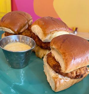 Vegan Chicken Minis with maple-glazed Hawaiian rolls, fried Gardein chicken, and chick-fil-ain't sauce at devil's lettuce in Richmond