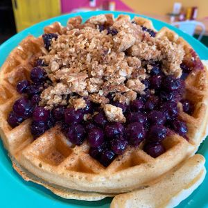 Blitzed Blueberry Crumble Waffle (special brunch menu) at devil's lettuce in Richmond